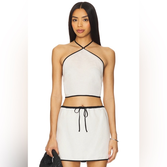 Onia Tops - Onia White and Black Air Linen Cropped Halter Top